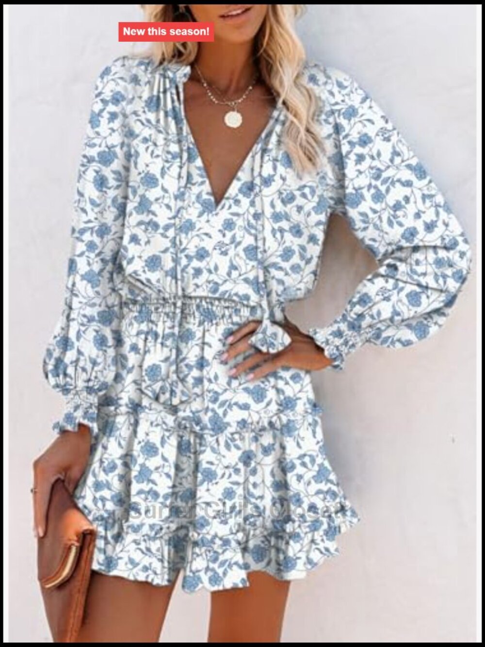 Split V Neck Ruffle Chiffon Mini Swing Dress Long Sleeve Smocked Elastic Waist - Picture 3 of 6
